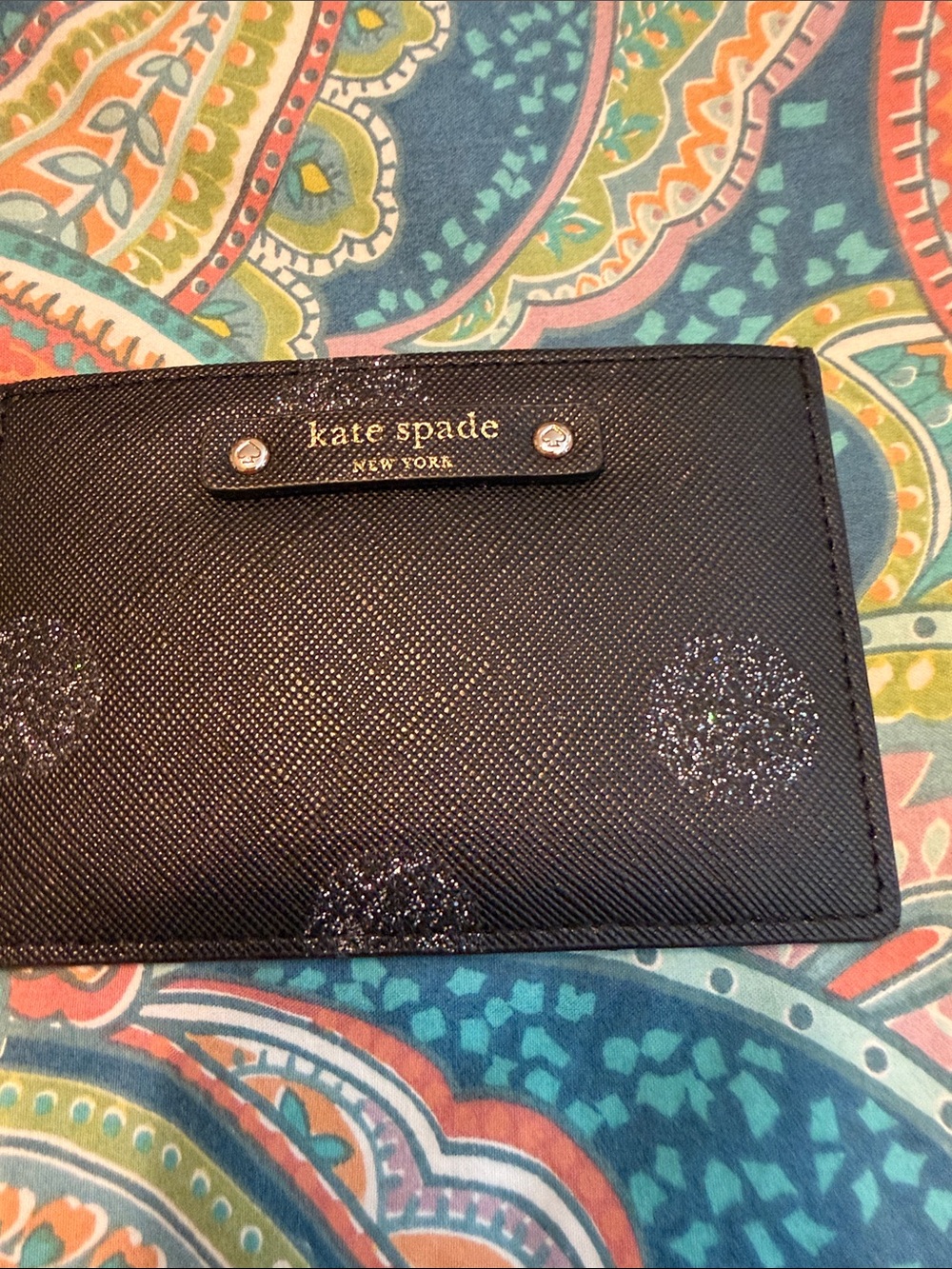 kate spade black glitter polka dot cardholder